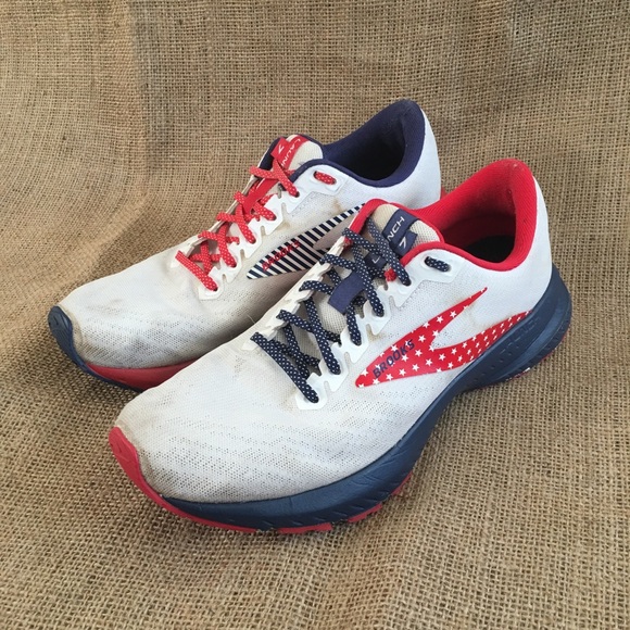 brooks red white blue running shoes
